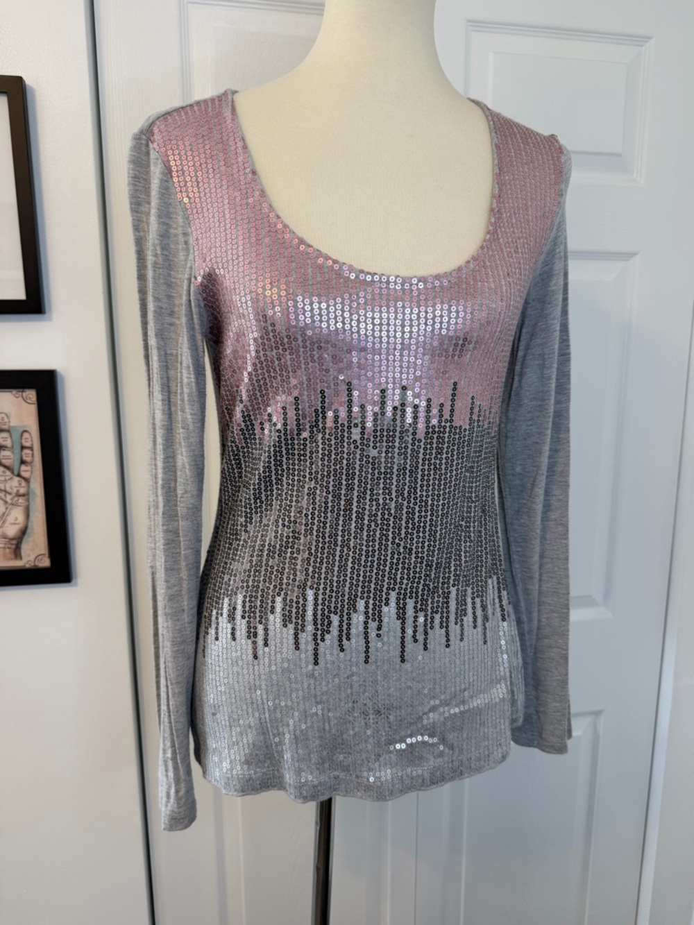 Cache Pink and Gray Sequin Scoop Neck Long Sleeve Top